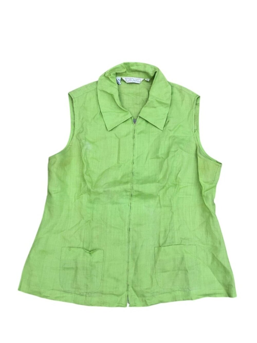 Vintage TOTOnKO 100% Linen Zip Vest Women's 14 Green Sleeveless Blouse Top